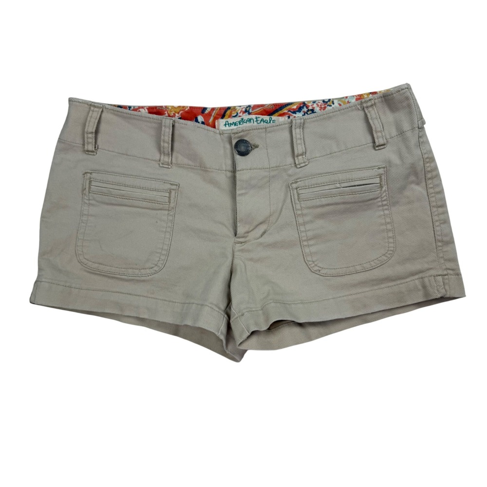 VTG American Eagle Khaki Ultra Low Rise Micro Shorts Sz 2 Paisley Waist Coquette